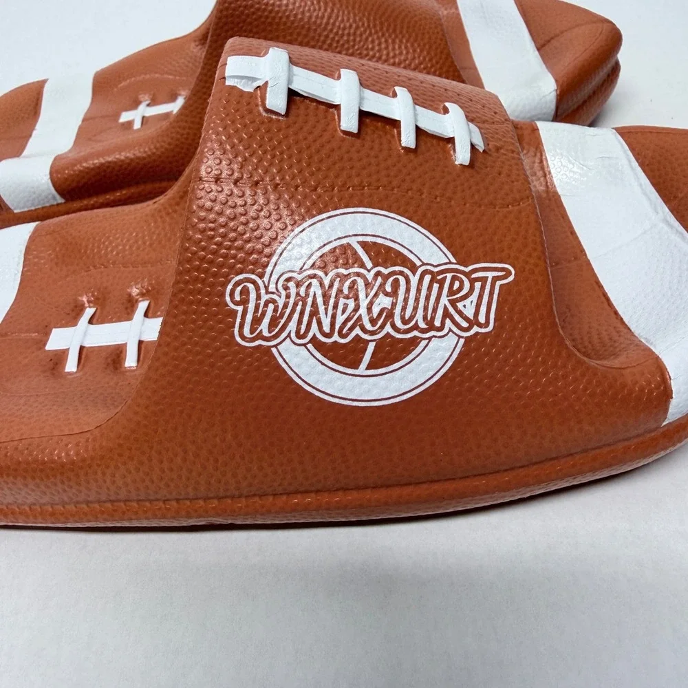 WNXURT Football Novelty Slide Sandals Brown White Sports Theme Unisex Size 7/7.5